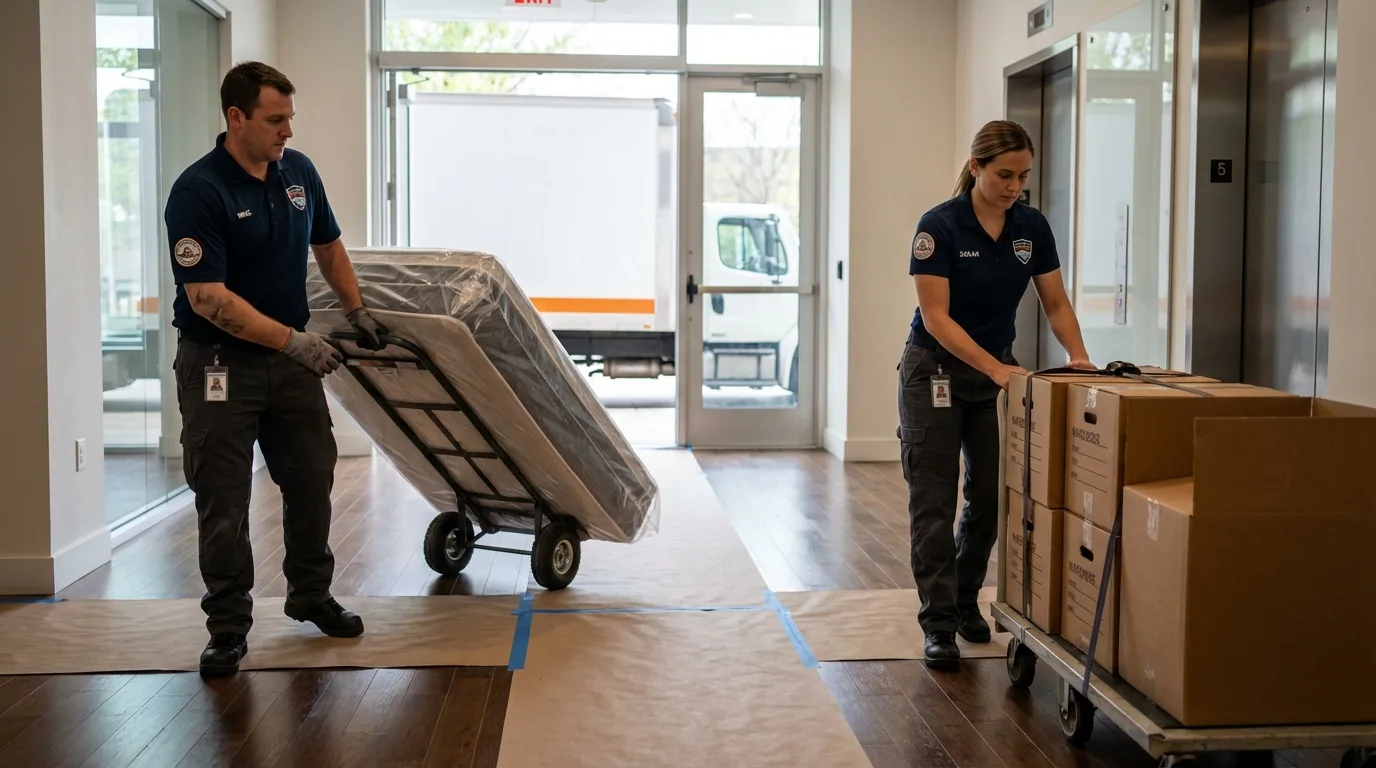 Professional apartment movers loading elevator in Port Arthur, TX